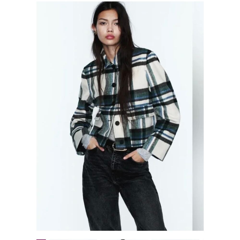 ZARA Plaid Long Sleeve Pocket Cropped Flannel Jacket Women's Size S Green/White - Picture 2 of 5
